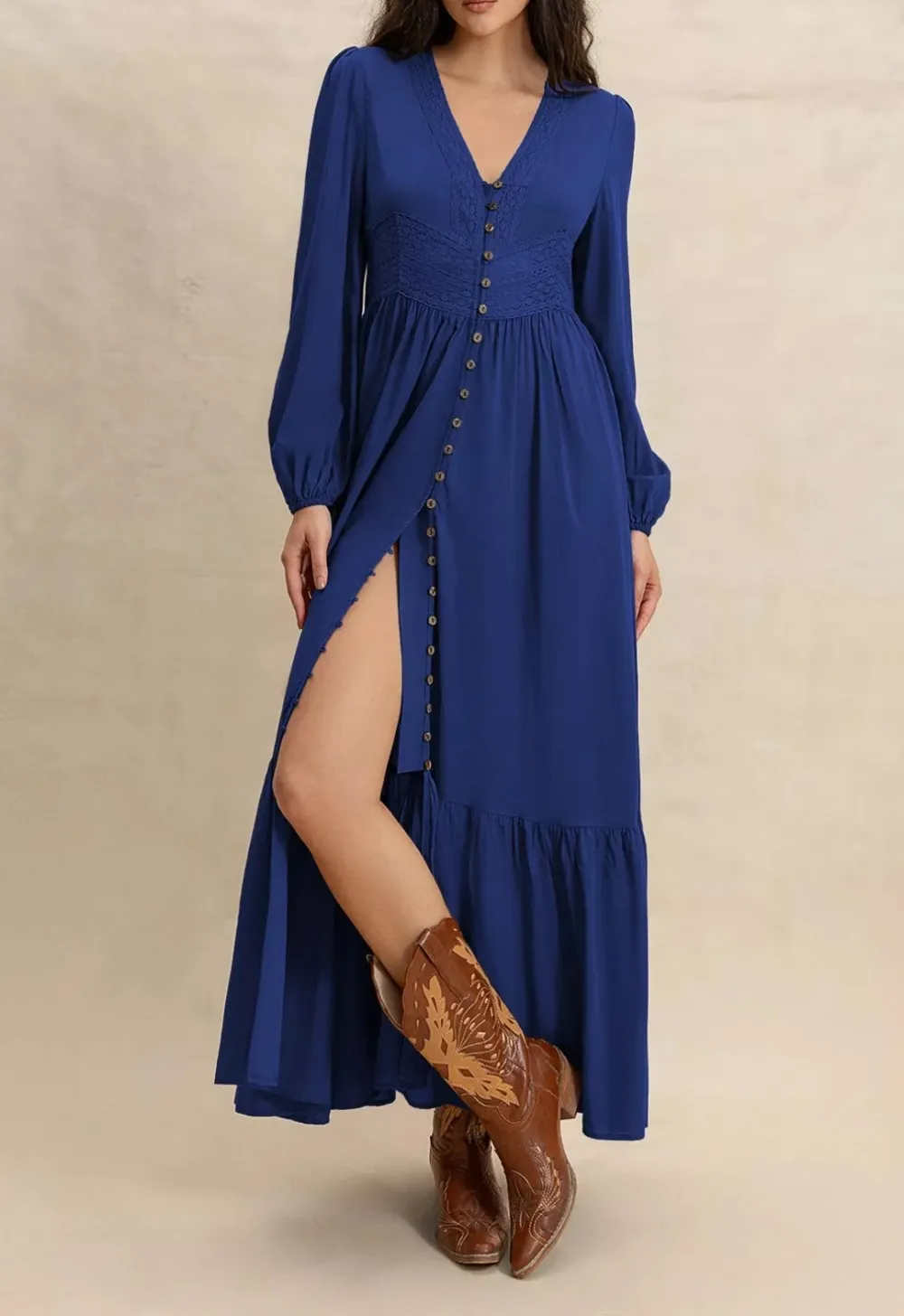 Plus Size Slit V Neck Long Sleeve Maxi Dress