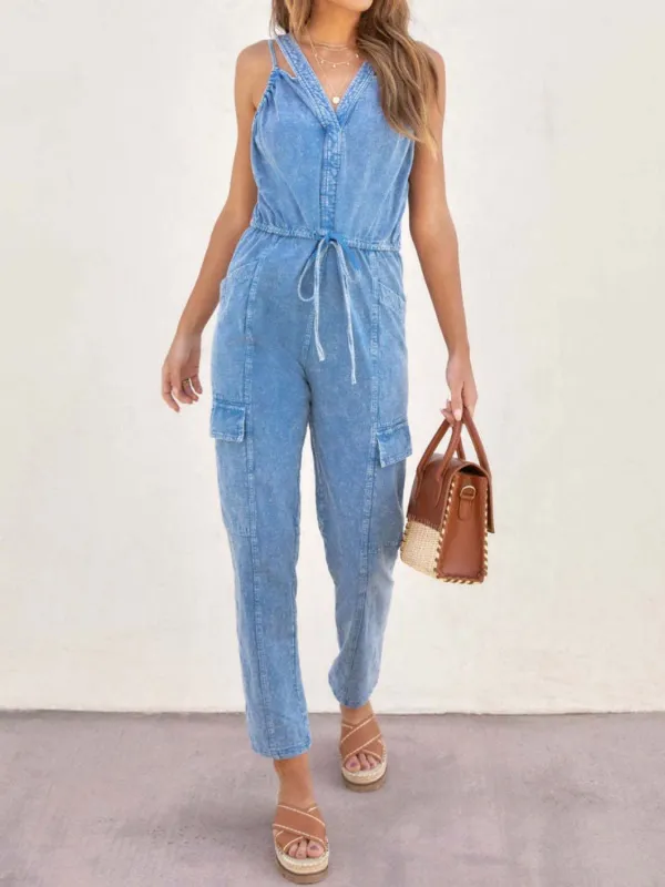 V Neck Sleeveless Jumpsuit Denim Pants