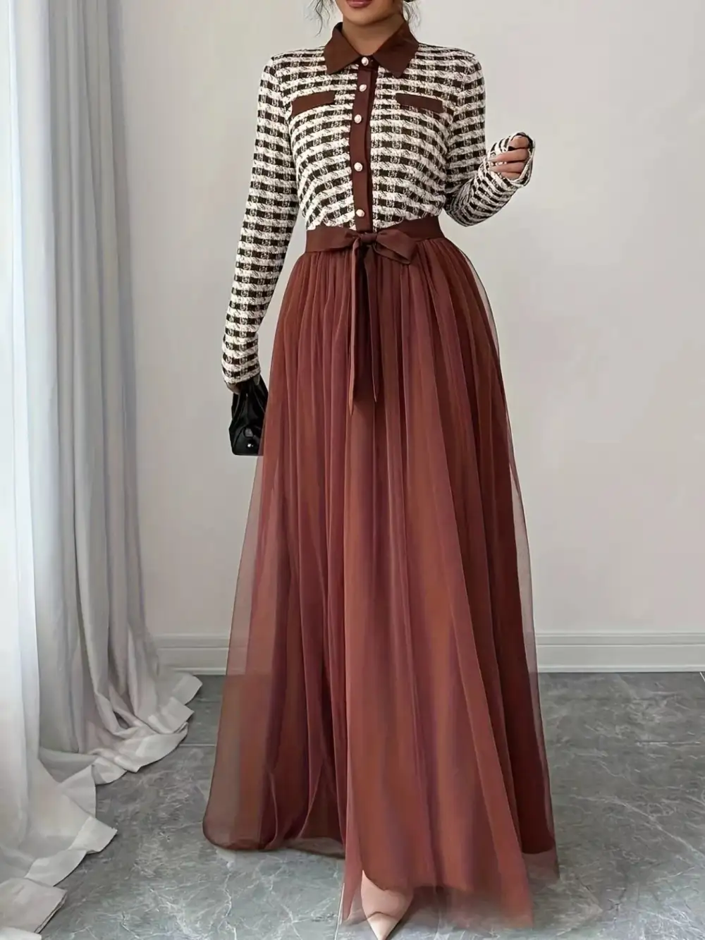 Plaid Tulle Long Sleeve Maxi Dress