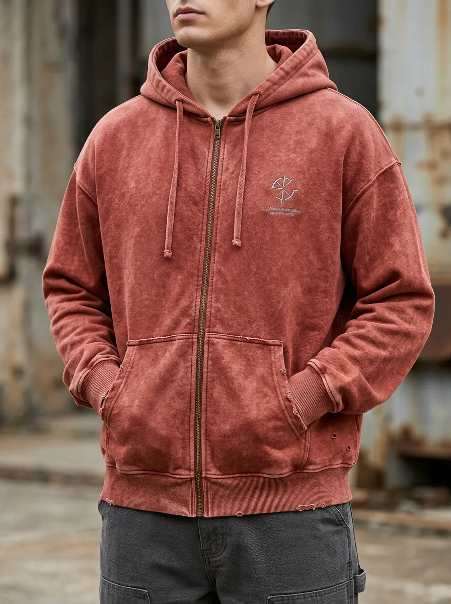 Men's Vintage Compass Graphic Distressed Printed Zip Hoodie