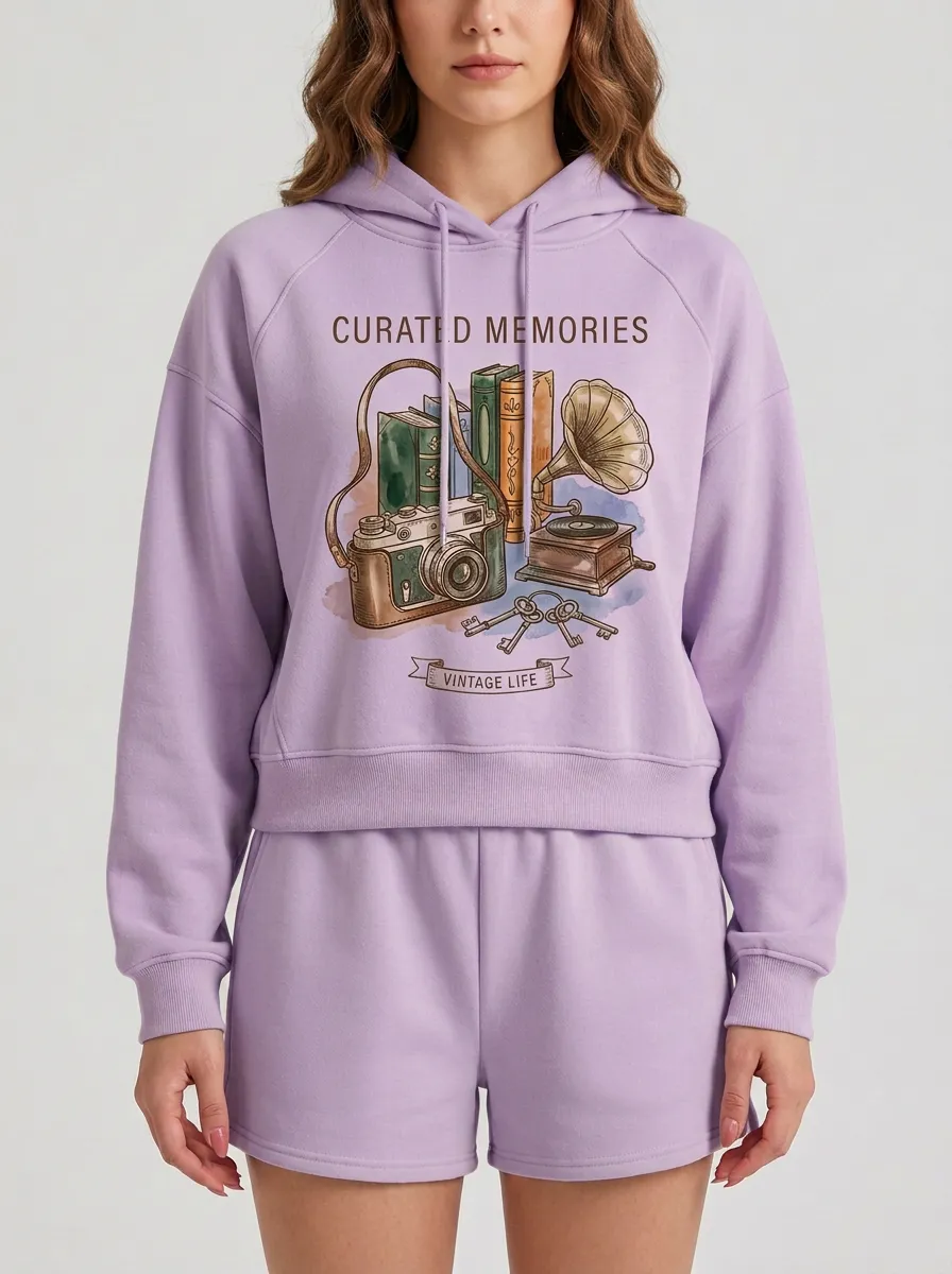 Women's Vintage Life Camera Books Gramophone Printed Hoodie