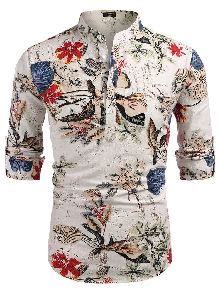 Cotton Linen Printed Henley Shirt