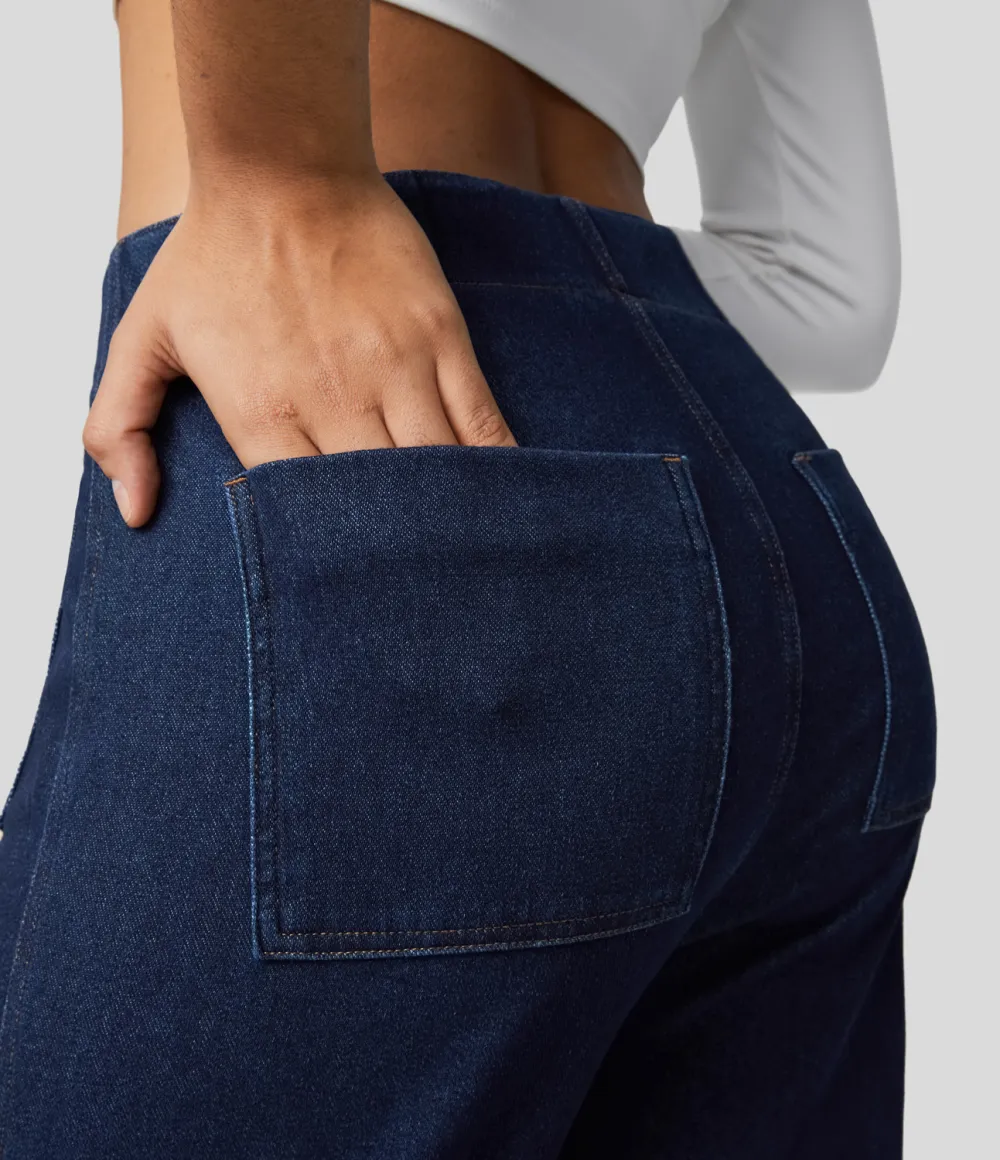Magic High Waisted Button Pockets Washed Stretchy Knit Casual Wide Leg Jeans