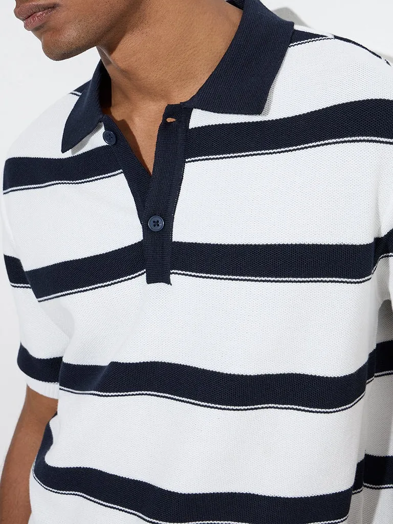 Navy Loose Cotton-Blend Polo Shirt