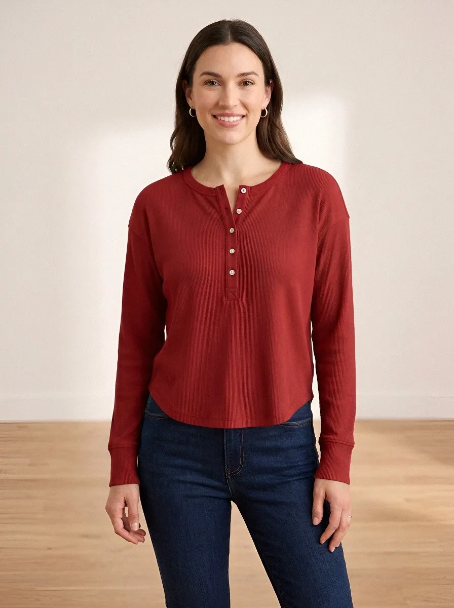 Women's Sage Green Ribbed Long Sleeve Button Henley Shirt