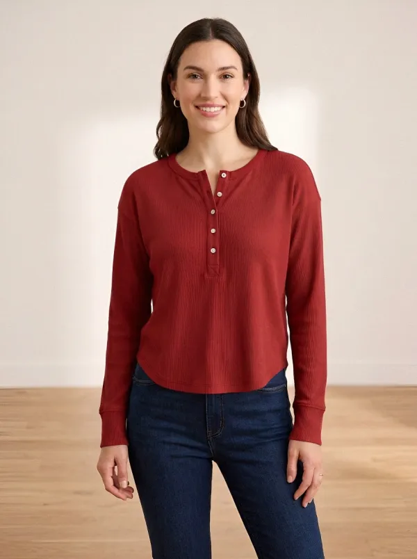 Women's Sage Green Ribbed Long Sleeve Button Henley Shirt