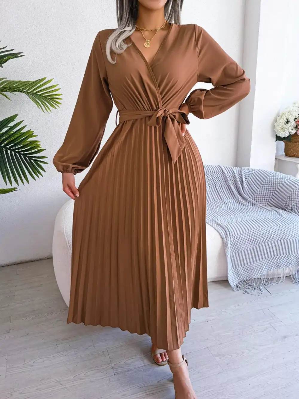 Pleated Long Sleeve Dress Casual