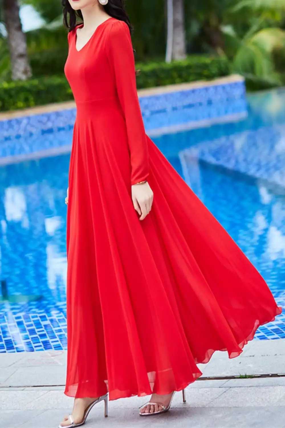 Chiffon Fit And Flare Long Sleeve Maxi Dress