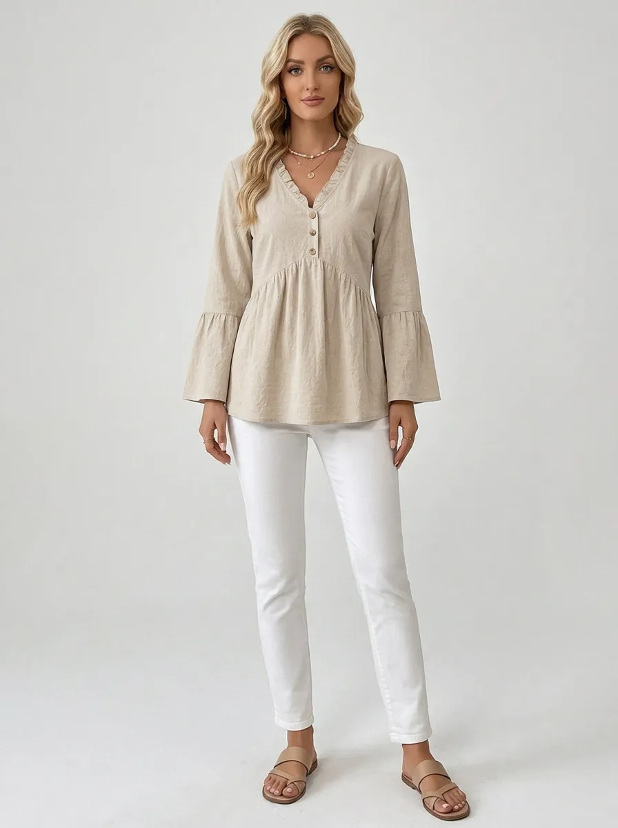 V-Neck Button Down Ruffle Bell Sleeve Blouse
