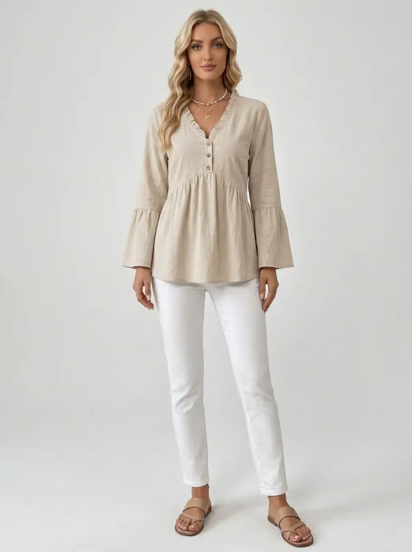 V-Neck Button Down Ruffle Bell Sleeve Blouse
