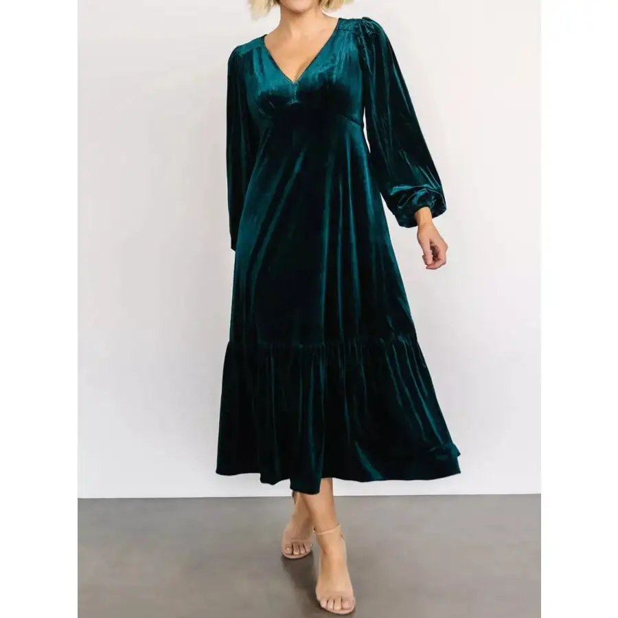 Velvet Tiered Long Sleeve Midi Dress