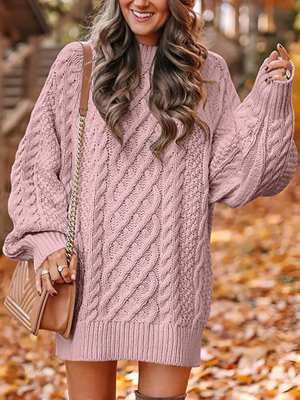 Chunky Cable Knit Round Neck Mini Dress