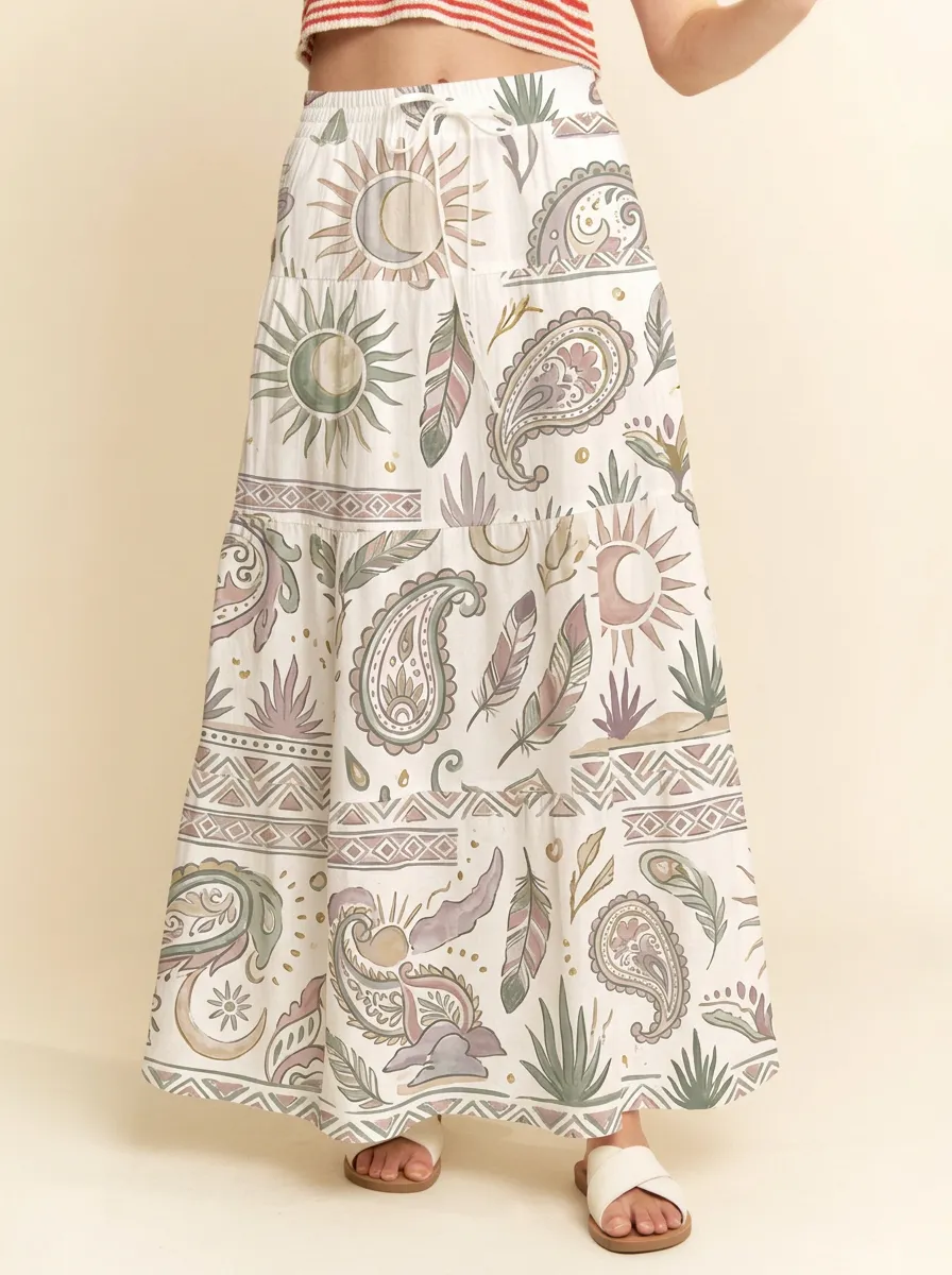 Women's Celestial Boho Paisley Feather Graphic Maxi Skirt
