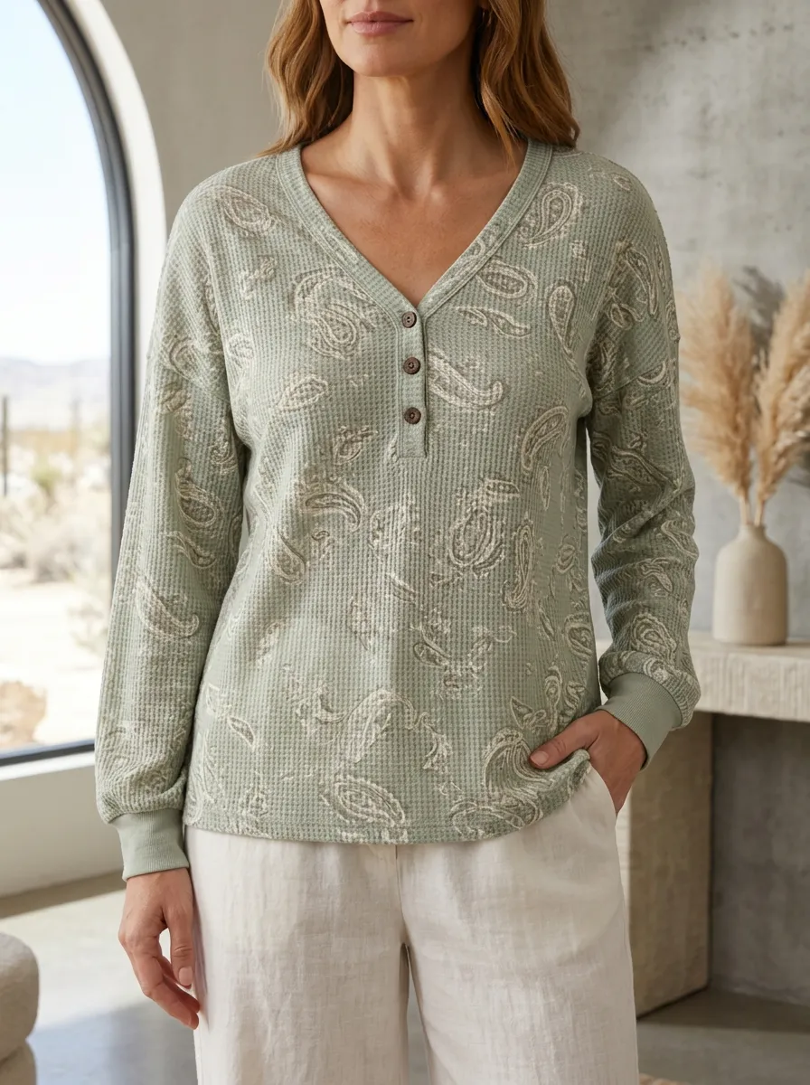 Women's Boho Paisley Waffle Knit Printed Henley Shirt
