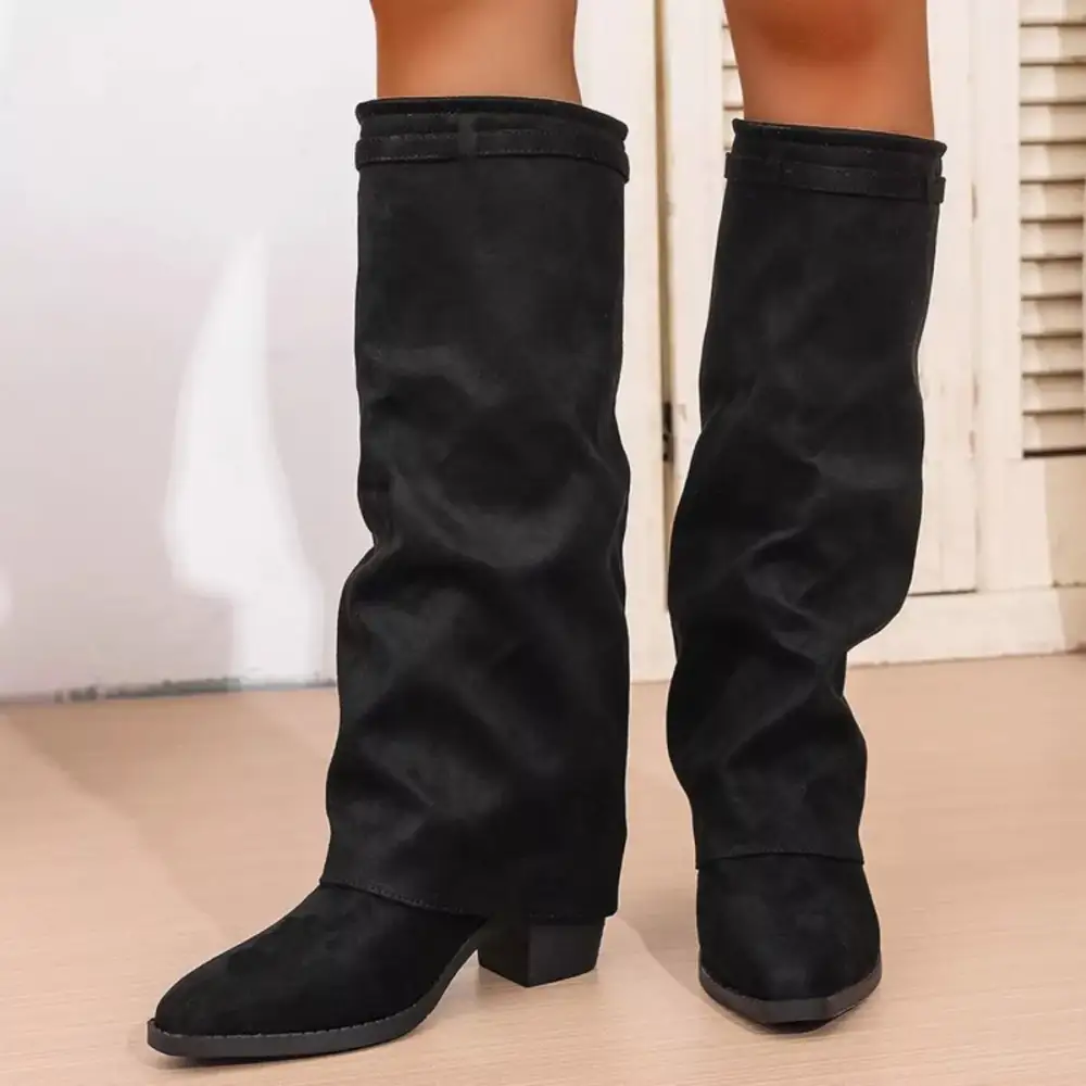 Textured Pointed Toe Block Heel Boots