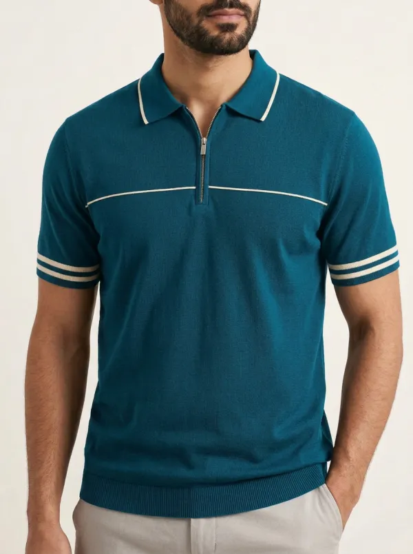 Men's Navy Contrast Striped Zip-Up Knit Polo Shirt