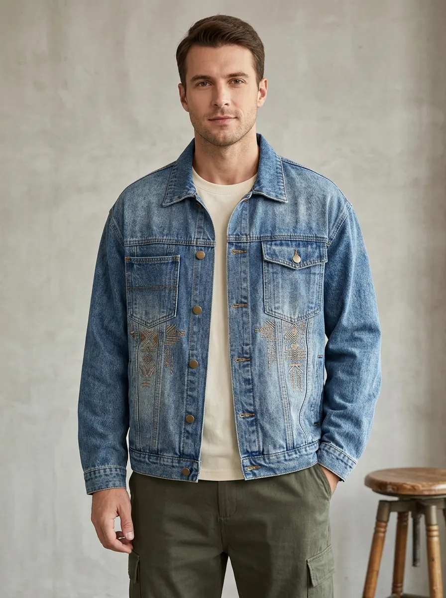 Men's Folk Style Tribal Embroidered Denim Jacket