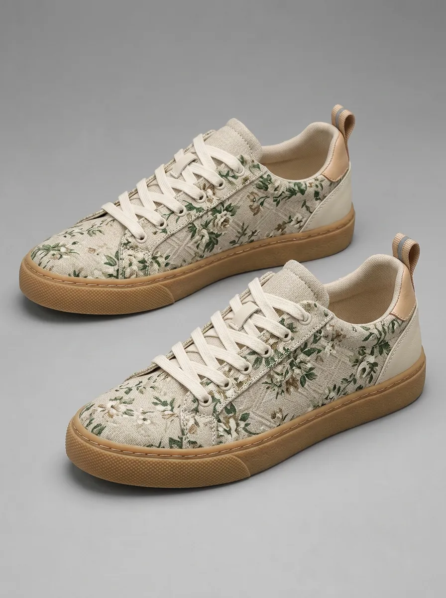 Men's Vintage Floral Botanical Printed Canvas Sneakers