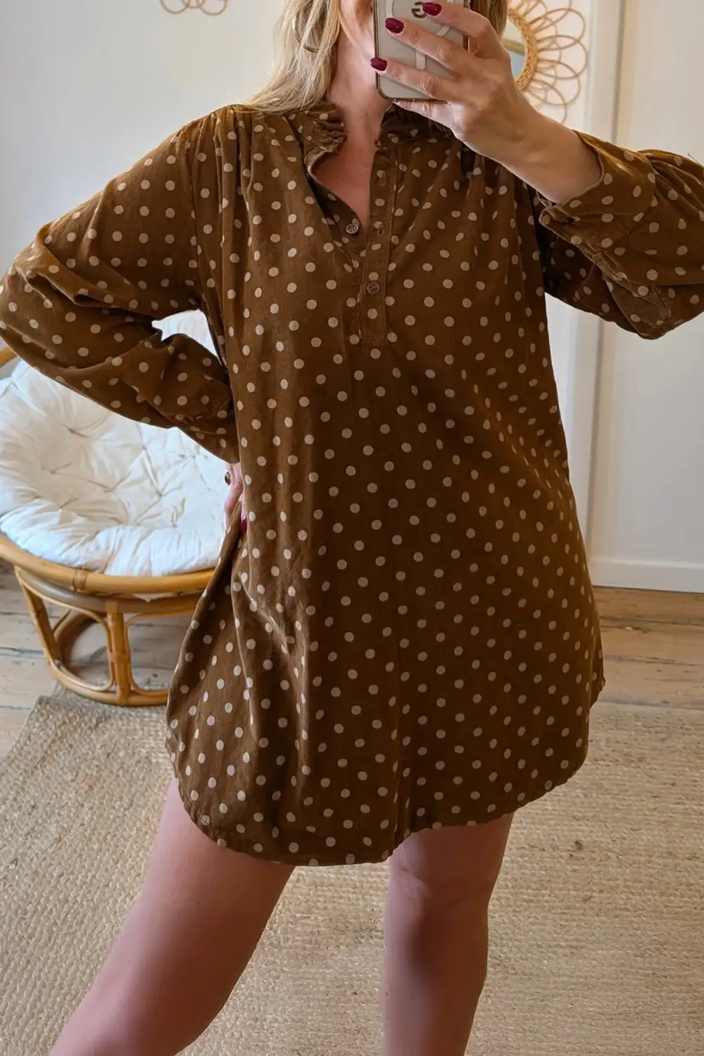 Women's Polka Dot V Neck Long Sleeve Shift Mini Dress