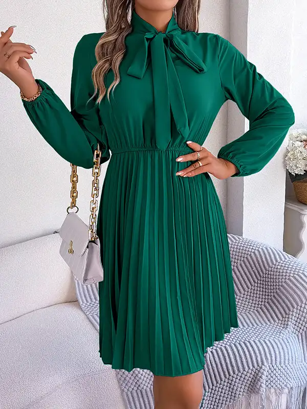 Long Sleeve Relaxed Pleated Solid Color Tied Mock Neck Mini Dress