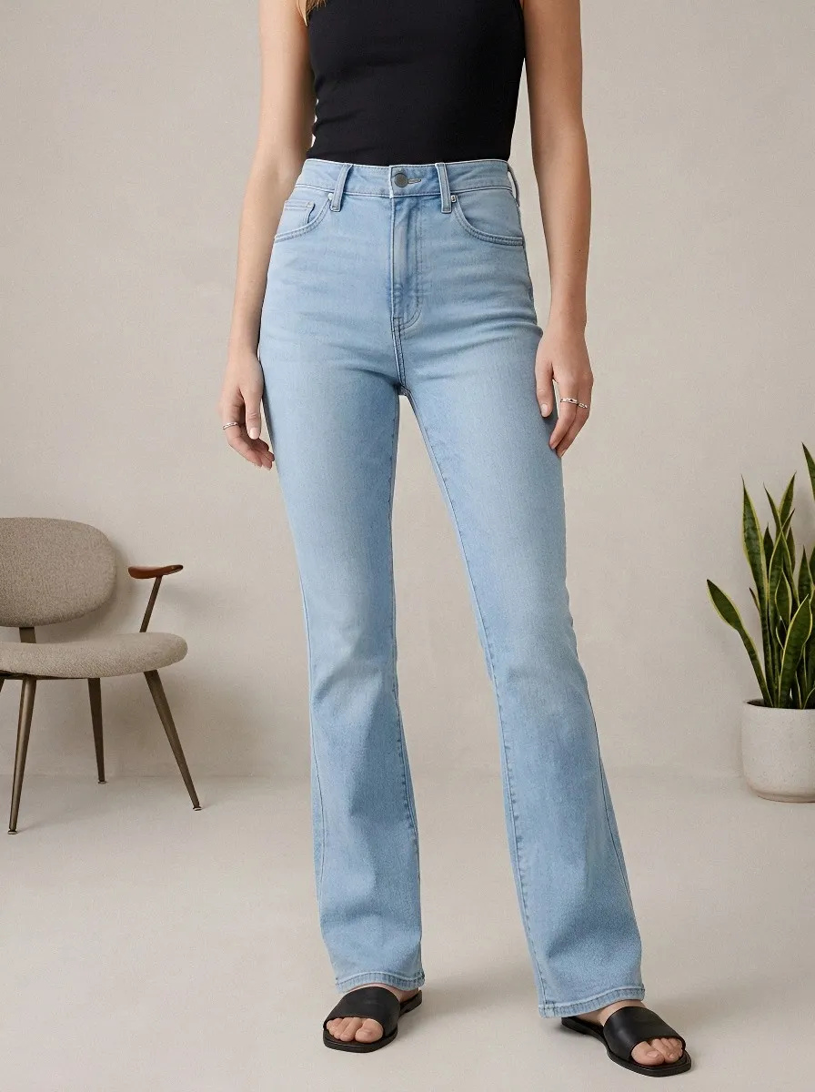 Vintage-Wash Distressed Women's High-Waist Stretch Flare Jeans
