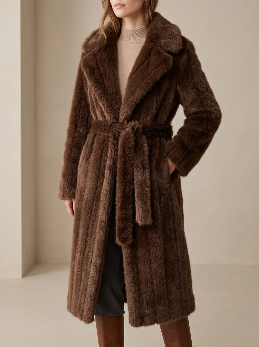 Side Pockets Faux Fur Belted Long Coat
