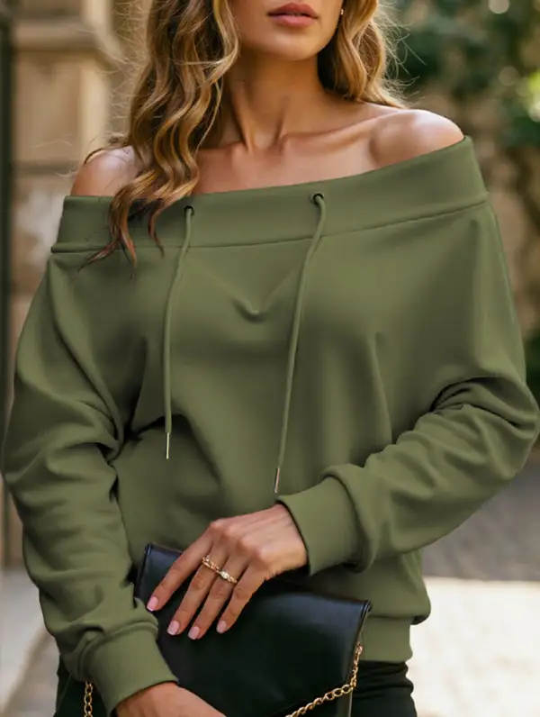 Loose Drawstring Off-Shoulder Boat Neck Top