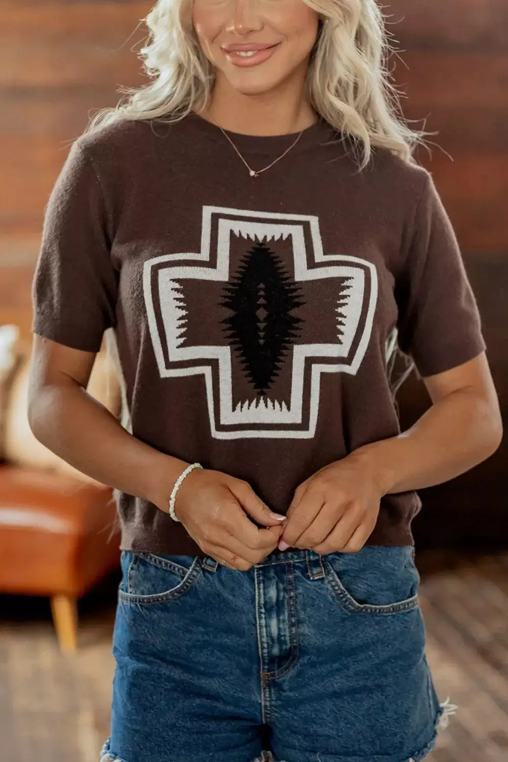 Short Sleeve Ribbed Graphic Sweater