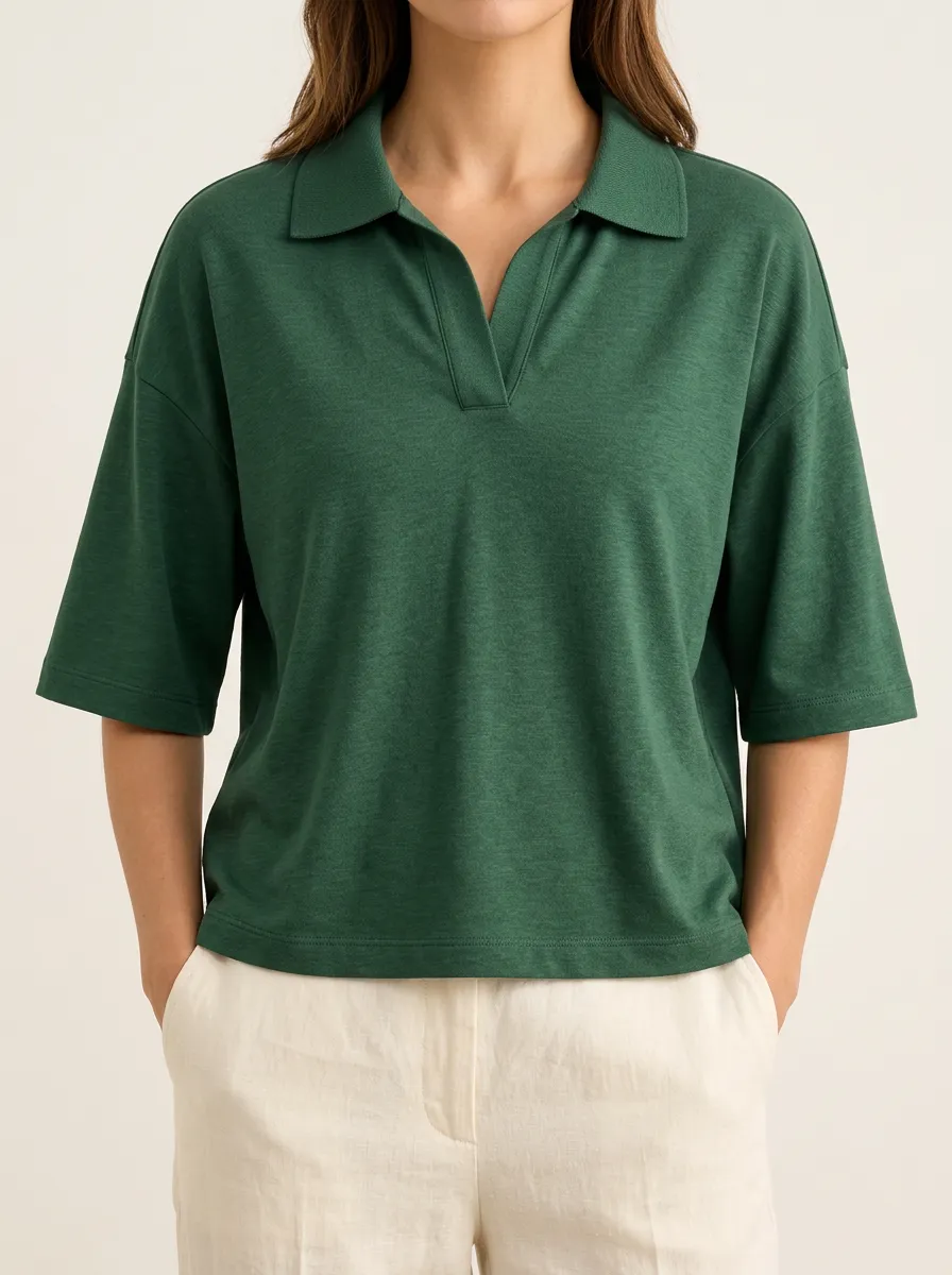 Women's Green Short Sleeve Polo with Relaxed V Neck