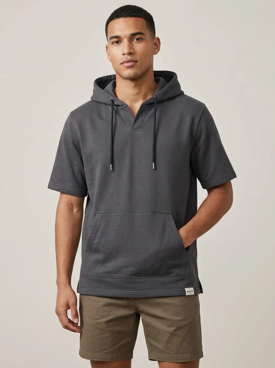 Classic Short Sleeve V-Neck Minimalist Layering Style Men's Hoodie