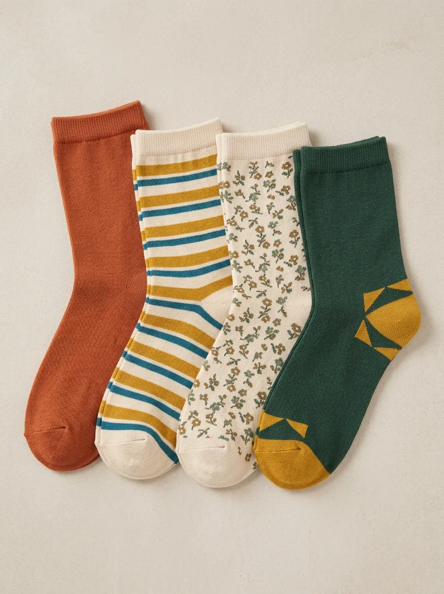 Classic Geometric Floral Striped Vintage Four-Pair Casual Socks