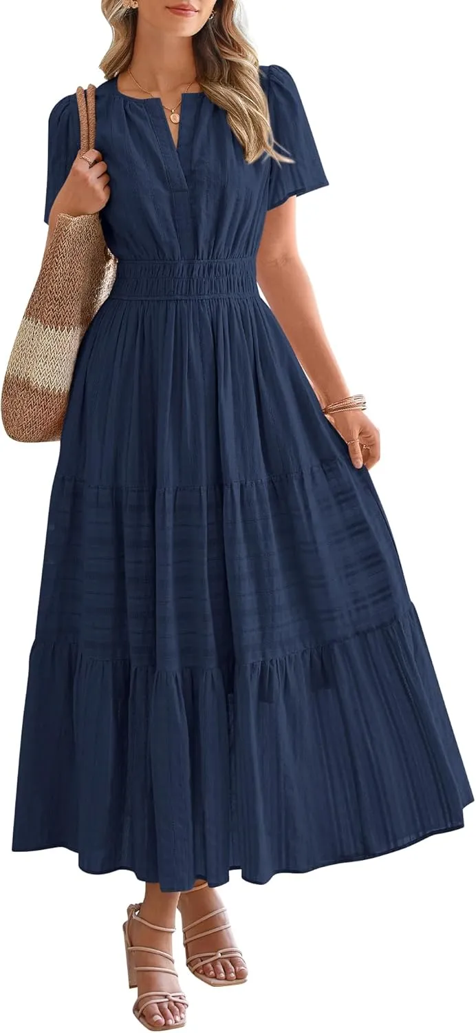 HOT SALE Womens Summer Lightweight Short Sleeve V Casual Midi Maxi Dresses
