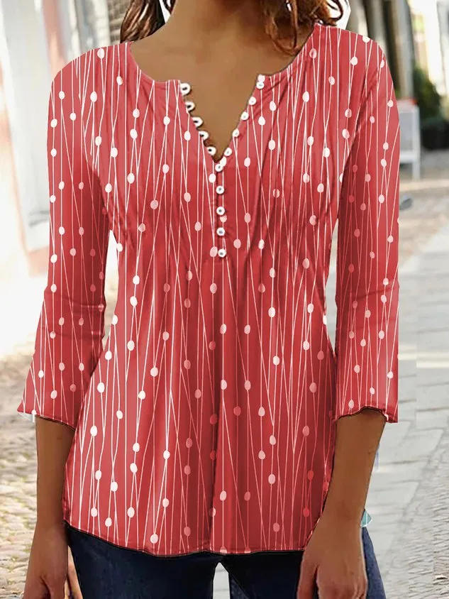 Women Geometric Casual Autumn V neck Daily Three Quarter Regular Regular Regular Size Tops
