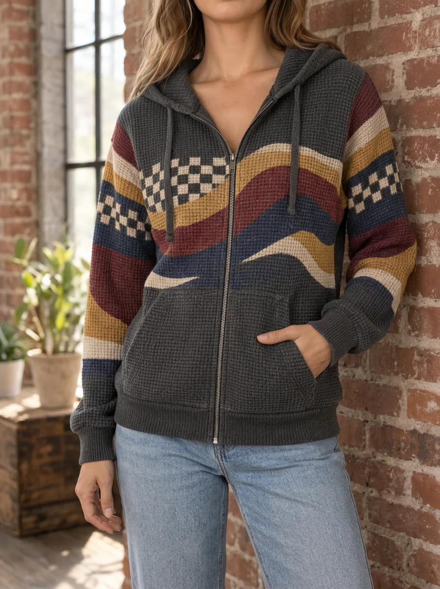 Women's Retro Waffle Knit Checkered Wave Pattern Printed Zip Hoodie