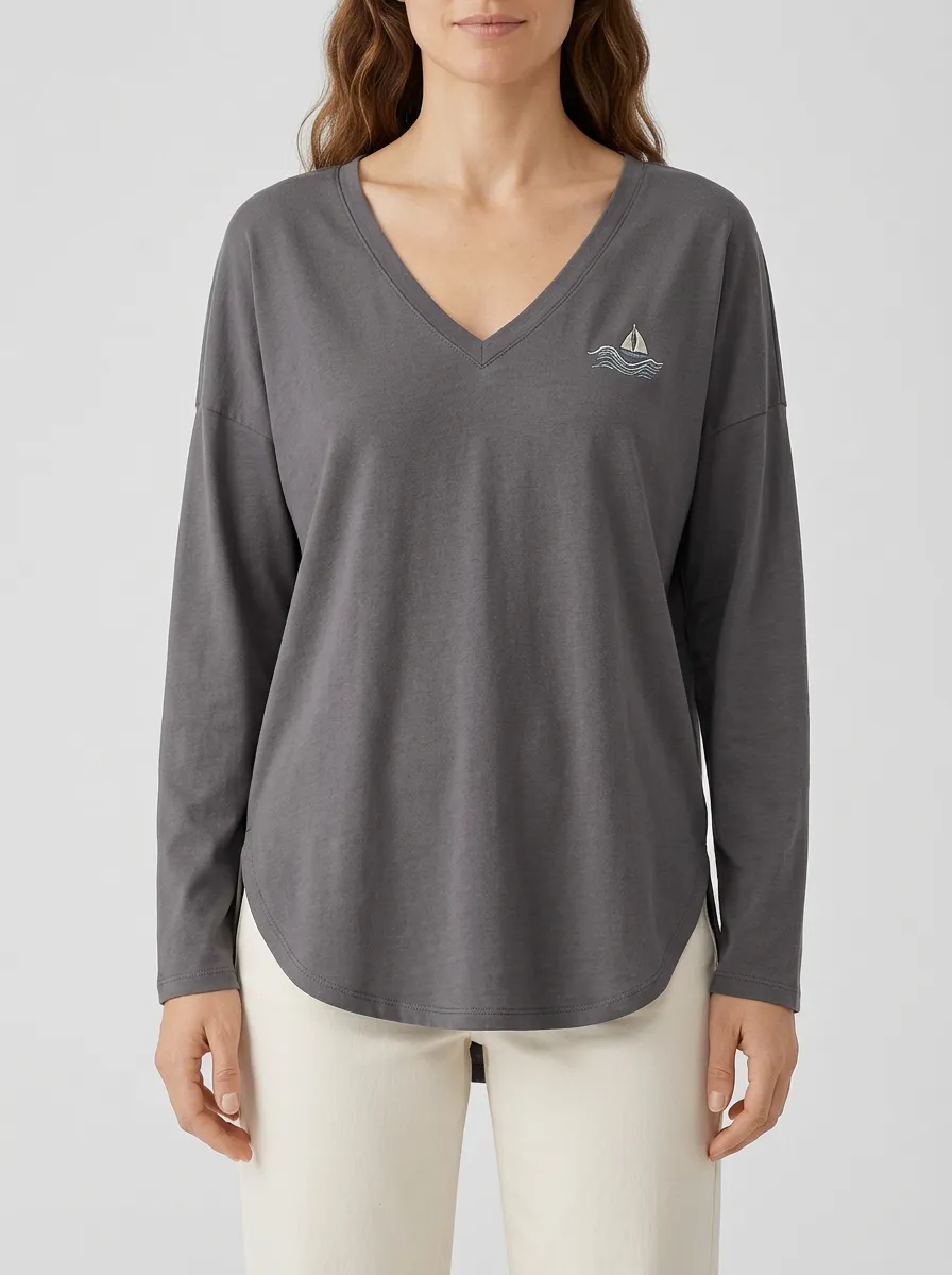 Women's Dropped-Shoulder Curved-Hem V-Neck Long-Sleeve T-Shirt with Sailboat Embroidery