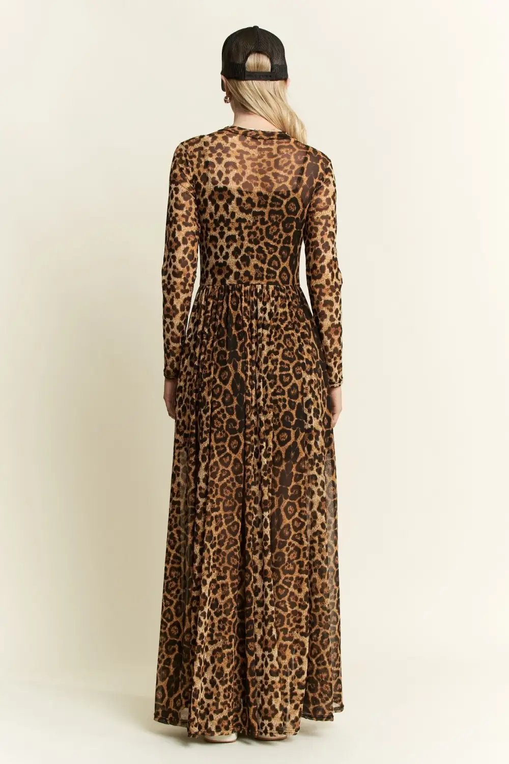 Modern Animal Print Mesh Mock Neck Maxi Dress