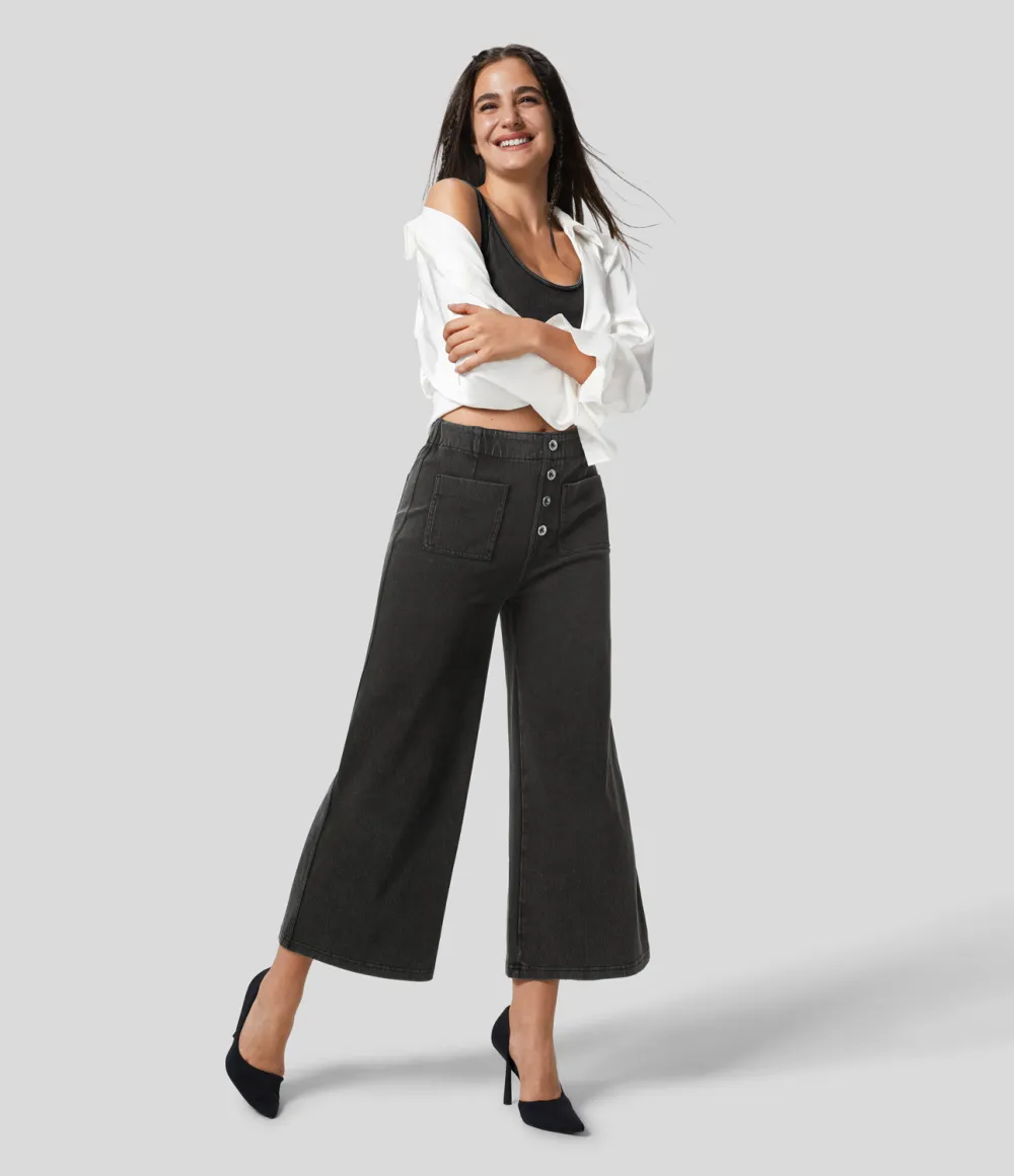 Magic High Waisted Button Pockets Washed Stretchy Knit Casual Wide Leg Jeans