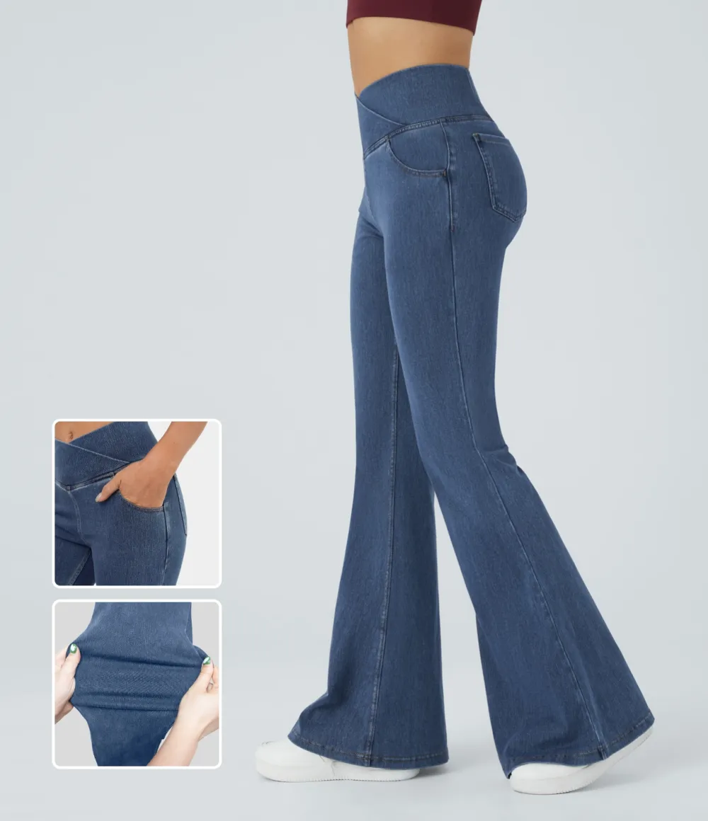 Magic High Waisted Crossover Pocket Washed Stretchy Knit Casual Super Flare Jeans