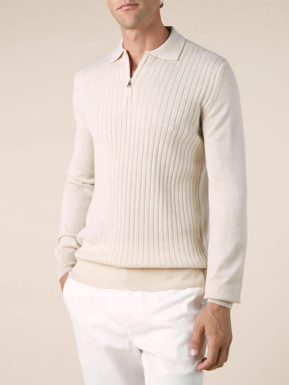 Polo Shirt With Extrafine Merino Merino Wool Zip Front Ribbed Slim Fit