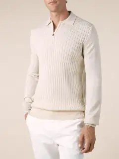 Polo Shirt With Extrafine Merino Merino Wool Zip Front Ribbed Slim Fit
