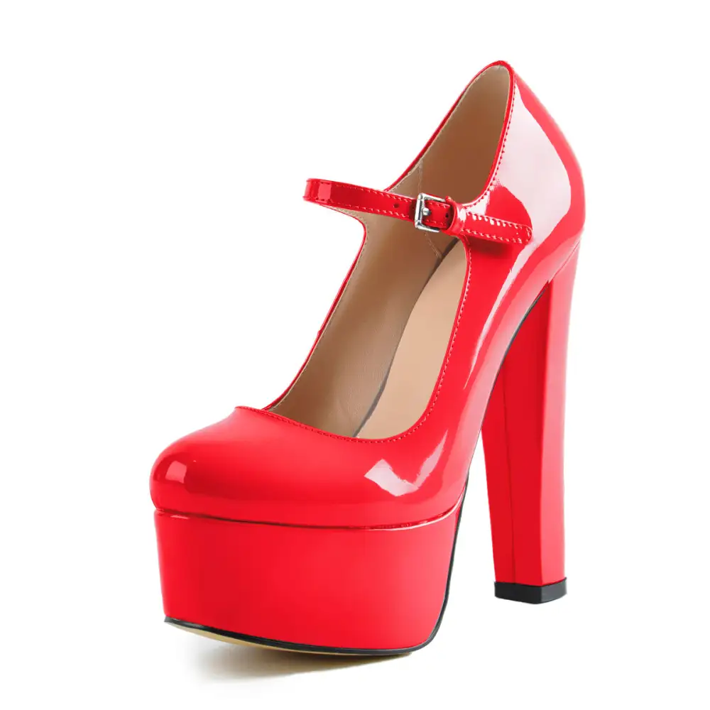 Patent Finish Round Toe Platform Chunky Heel Ankle Strap Pumps