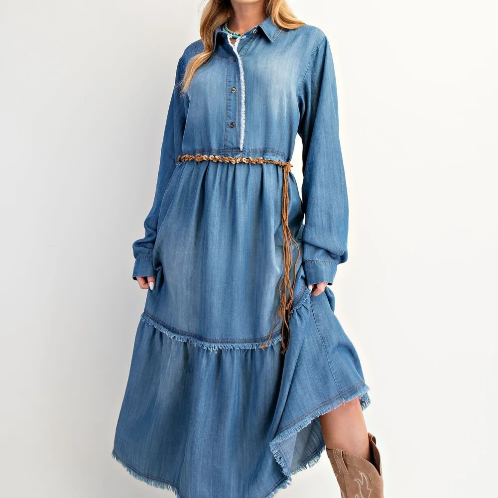Denim Tiered Long Sleeve Button Front Dress