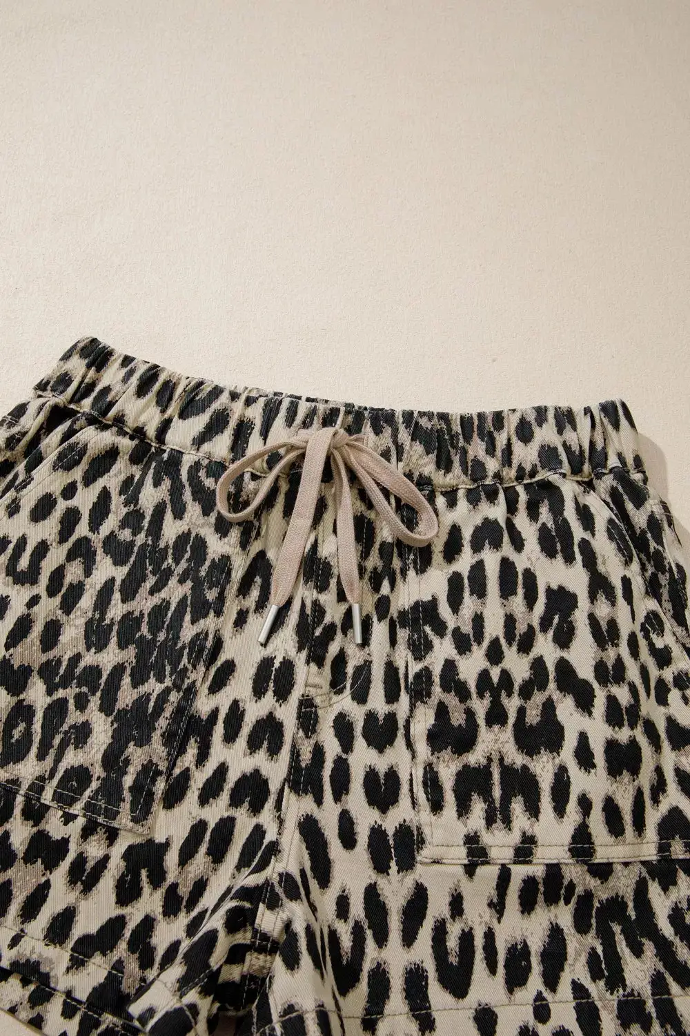 Leopard Print Lace Up Elastic Waistband Mid Rise Denim