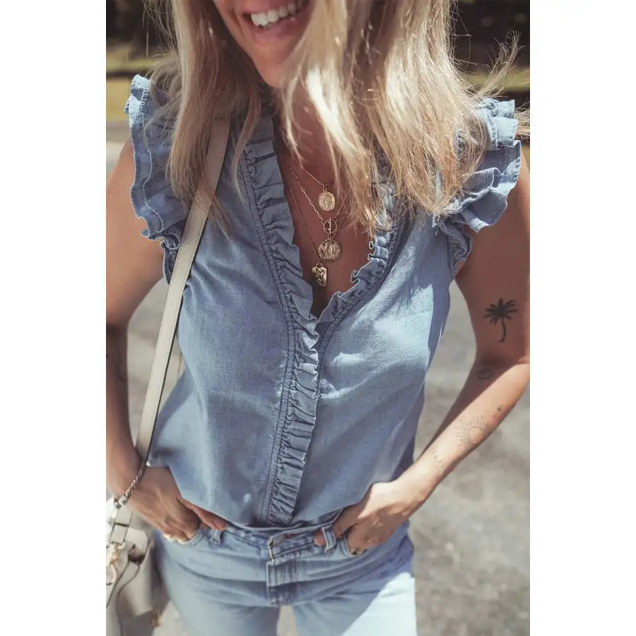 Frilly Ruffle Trim V Neck Chambray Tank