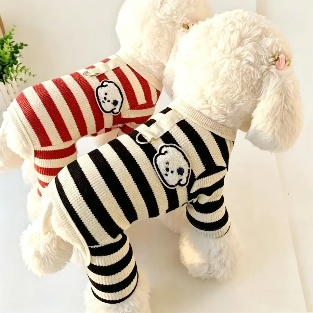 Cute Striped 4-Legged Pet Clothes, Breathable Knit Jumpsuit for Dogs & Cats, Cozy Indoor Pajamas for Small Breeds