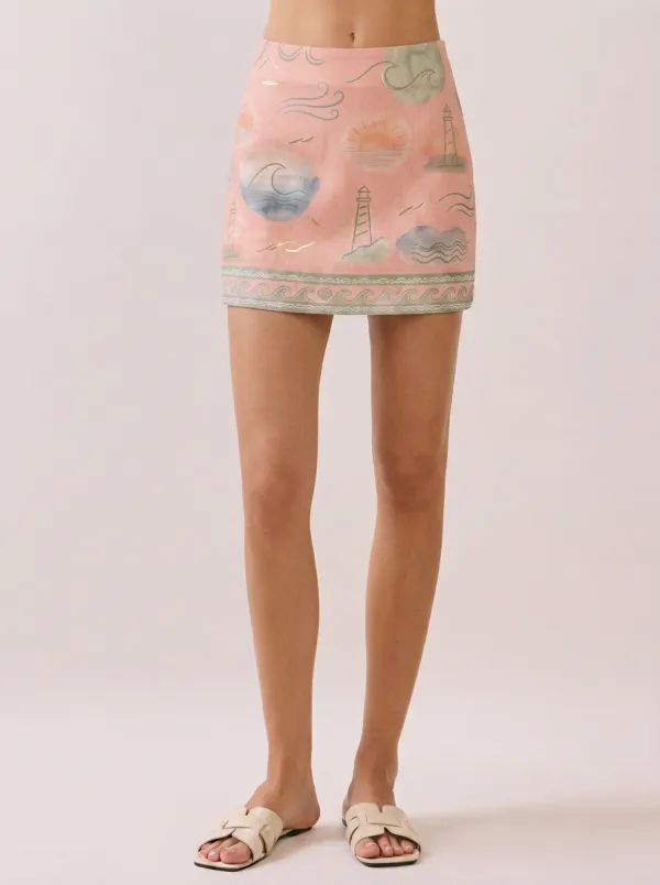 Women's Coastal Beach Lover Lighthouse Waves Printed Mini Skirt