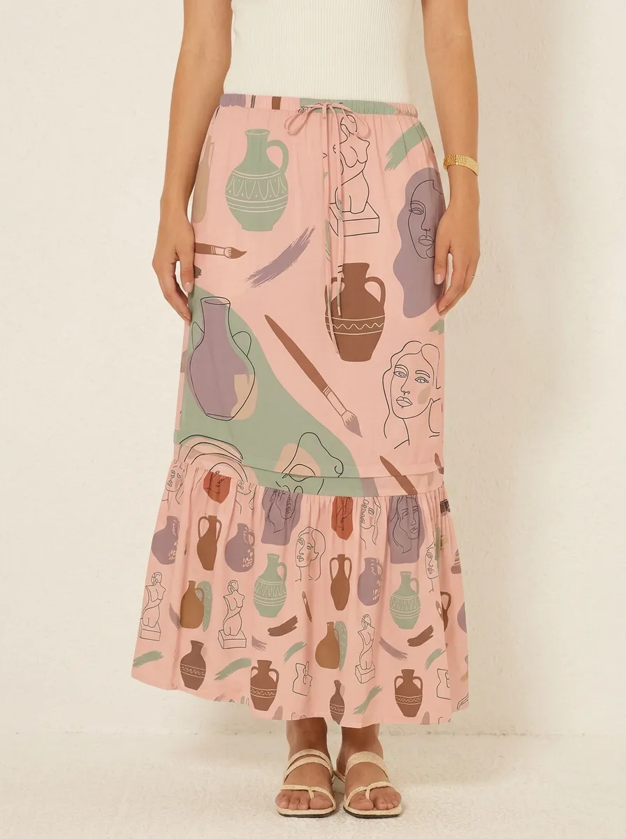 Women's Art Lover Greek Vase Statue Printed Midi Skirt