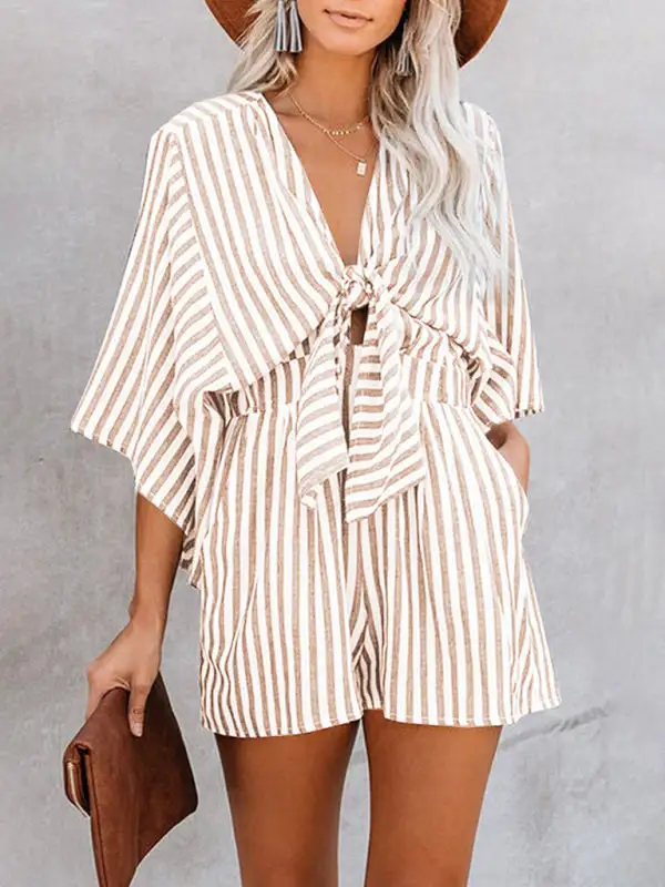 Slim Waist Striped Deep V Trumpet Jumpsuit