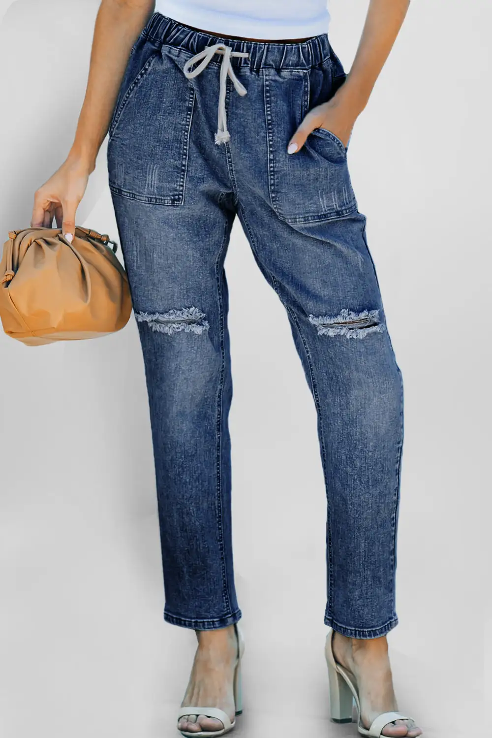 Women's Gather Round Distressed Pocketed Denim Jogger
