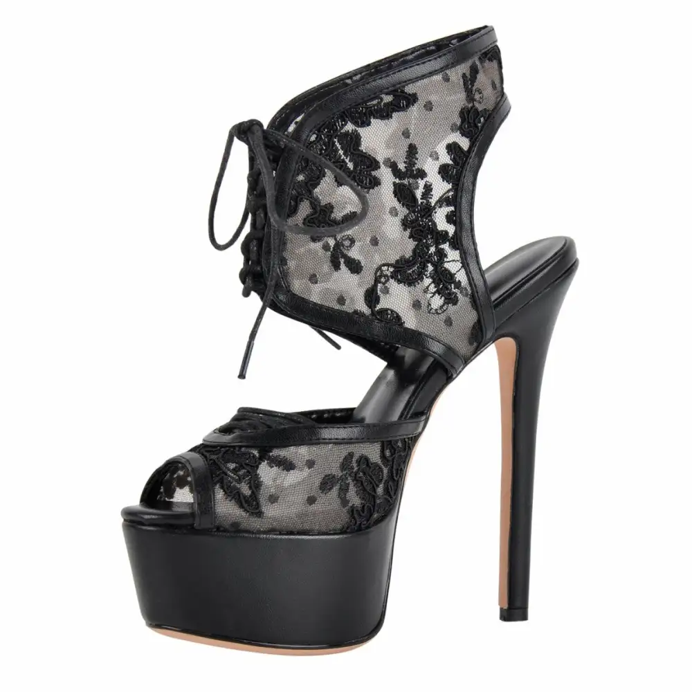 Platform Mesh Lace Up Slingback Sandals